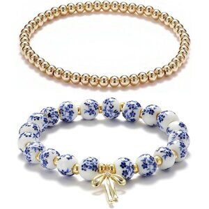 Blue and Gold Flower Handmade Stretch Dainty Beads Bow Charm Bracelet for Women